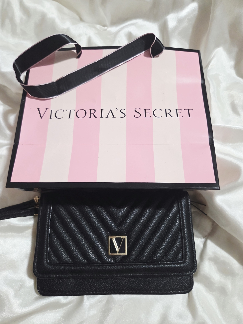 Victoria's Secret Black Quilted Crossbody with Gold V Emblem